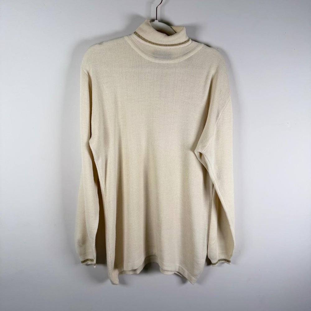 Regatta Sport Mens Large Cream Wool Blend Turtleneck Sweater Gold Lurex Trim